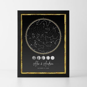 Personalisierte Sternenkarte Gold Kunstdruck Personalisierter Nachthimmel nach Datum - Sternbild Karte Personalisiertes Jubiläumsgeschenk für Paare Sternenkarte