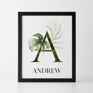Letrero con nombre personalizado para niño - Decoración infantil de género neutro, regalo para recién nacido, hojas tropicales, letras verdes y doradas