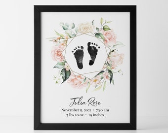 Custom Baby Footprint Art Floral Nursery Print Botanical Nursery Wall Decor - Newborn Footprint Baby Girl Personalized Gift Baby Feet Print