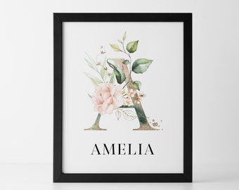 Custom Name Print Nursery Name Sign Floral Nursery Wall Art - Blush Pink and Gold Initial Wall Art Rose Nursery Art - New Baby Girl Gift