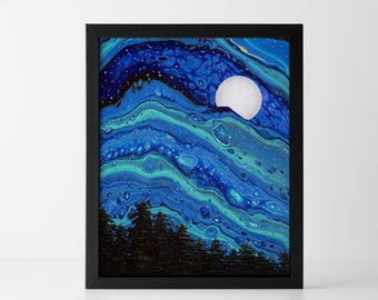 Abstract Painting Print Night Sky Painting Moon Wall Art Print - Abstract Forest Painting Blue Wall Art Print Celestial Unique Art Print