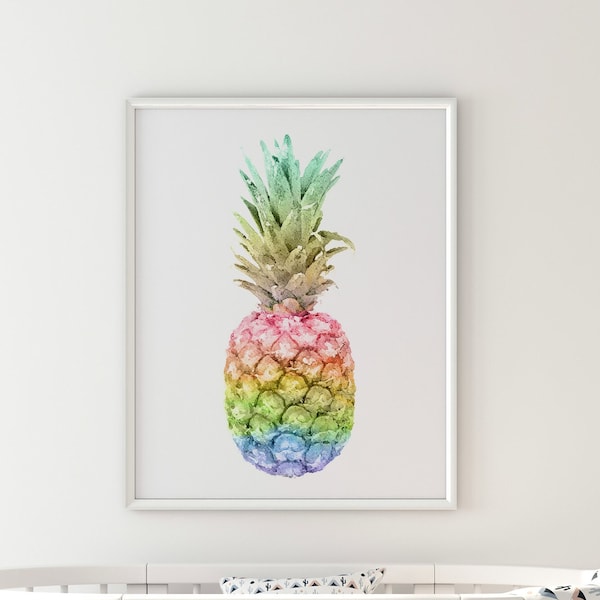 Rainbow Pineapple Watercolor Art Print Pineapple Nursery Decor - Tropical Art Print Rainbow Baby Nursery Prints - Colorful Kitchen Wall Art
