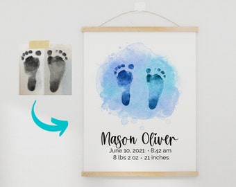 Personalisierter Baby-Fußabdruck Geschenk Fußabdruck - Fußabdruck-Andenken Benutzerdefinierter Aquarell-Kinderzimmer-Druck-Fußabdruck-Denkmal Babyfüße Kunstdruck