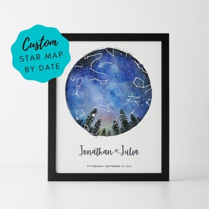 Mapa estelar personalizado Imprimir Cielo nocturno por fecha - Regalo de boda para pareja Regalo personalizado de aniversario de Constellation Map Art para él