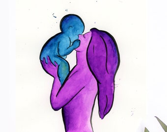 Fête des mères jour cadeau art mural pour maman, peinture aquarelle originale nouveau cadeau de maman, mère et enfant peinture maternité art maman et bébé Wall Art