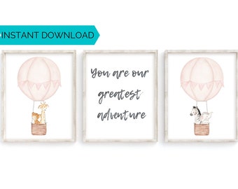 You Are Our Greatest Adventure Printable Baby Girl Nursery Art Prints Hot Air Balloon Art Baby Animal Download Wall Art Watercolor Quote