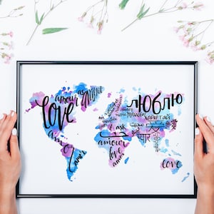 Impressão de arte em aquarela Impressão de arte de amor Mapa de amor Arte de parede de escritório ao redor do mundo - Viagem Berçário Word Art Decoração de sala de aula Arte de parede inspiradora