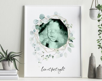 Custom Sonogram Art Ultrasound Art Print Eucalyptus Watercolor Boho Nursery Art - Ultrasound Keepsake Personalized Nursery Wall Art