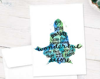Puede incluir: Una ilustración de acuarela de una persona en una postura de yoga con el texto "BY being yourself You Put something wonderful into this world that was there before".