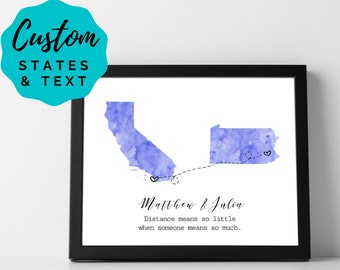 Custom State Art Print Long Distance Relationship Gift - State to State Wall Art State Watercolor Print Personalized Distance Gift Two State