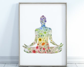 May include: A watercolor illustration of a person in a yoga pose, with flowers and leaves forming the silhouette of their body. The flowers are arranged in a rainbow pattern, representing the seven chakras.