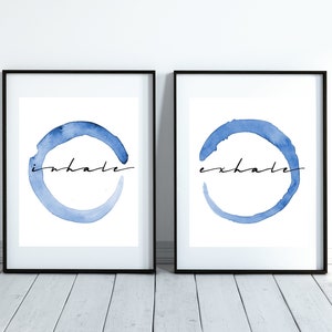 Inhale Exhale Art Set di 2 Minimal Print - Zen Wall Art Circle Watercolor Painting Stampa minimalista - Blu e Bianco Camera da letto Decor Breathe Breathe