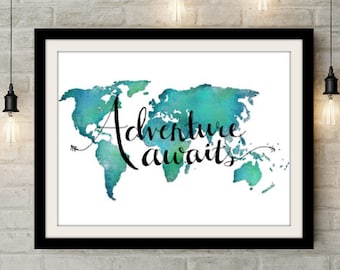 Adventure Awaits Quote Poster Travel Poster Teal Wall Decor - World Map Poster Wanderlust Poster Travel Nursery Poster Adventure Poster