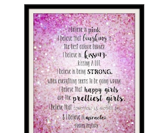 Girls Room Wall Decor Audrey Hepburn Wall Art Girls Wall Decor I Believe In Pink Inspirational Quote Print Teen Girl Gifts