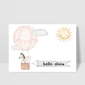 Puede incluir: Un globo aerost&aacute;tico rosa con una cebra y un elefante dentro, un sol sonriente y nubes en el cielo. Un banner debajo del globo dice "hello olivia".