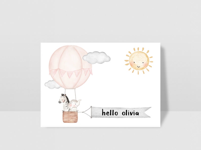 Puede incluir: Un globo aerost&aacute;tico rosa con una cebra y un elefante dentro, un sol sonriente y nubes en el cielo. Un banner debajo del globo dice "hello olivia".