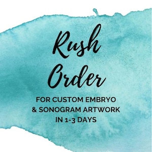 May include: A turquoise watercolor background with the text "Rush Order" in black. Below the text is the phrase "For Custom Embryo & Sonogram Artwork in 1-3 Days".