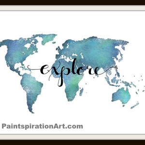 Explorer le monde impression carte sticker - citation inspirante affiche Aqua Art - Accueil voyage Quote affiche Teal Decor cadeau pour voyageur carte oeuvre