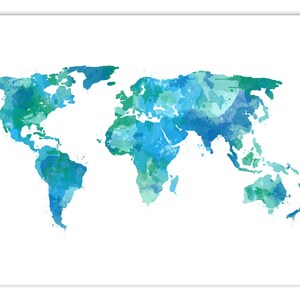 Watercolor World Map Blue World Map Art Office Art Nursery - Etsy