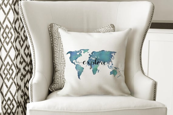 Explore Pillow Quote Pillow - World Map Decor Travel Pillow - Aqua Pillow with Words - Decorative Throw Pillows - Teal Pillow Dorm Pillows