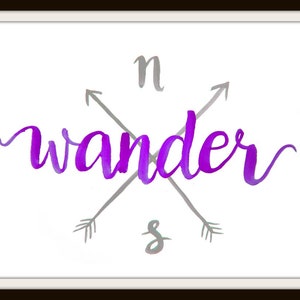 Pode incluir: Caligrafia de aquarela roxa da palavra "wander" com duas flechas cinzas cruzando-se. As flechas apontam para o norte e para o sul com as letras "n" e "s" acima e abaixo das flechas.