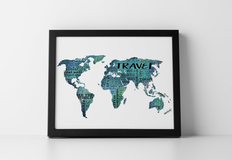 Typography Print World Map Wall Art Travel Quotes for Wall Etsy