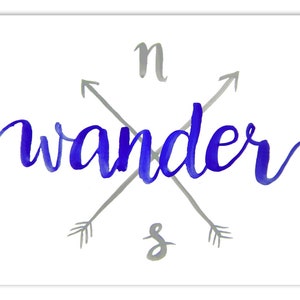 Pode incluir: Ilustra&ccedil;&atilde;o de aquarela da palavra "wander" em azul com duas flechas cruzadas em cinza. As flechas apontam para o norte e para o sul com as letras "n" e "s" acima e abaixo.