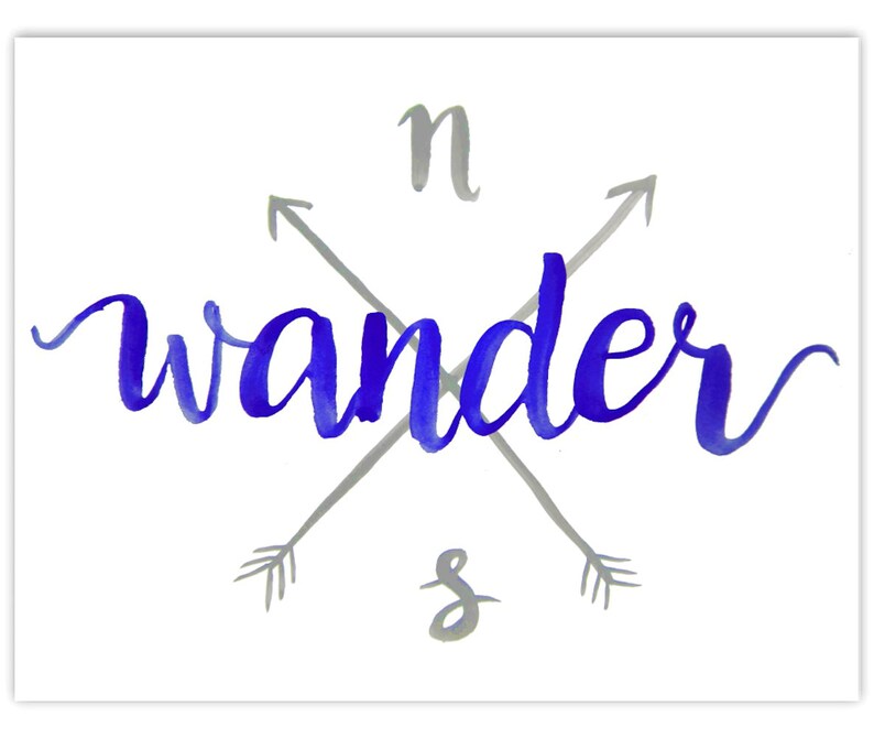 Pode incluir: Ilustra&ccedil;&atilde;o de aquarela da palavra "wander" em azul com duas flechas cruzadas em cinza. As flechas apontam para o norte e para o sul com as letras "n" e "s" acima e abaixo.