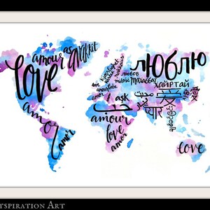 May include: A watercolor painting of the world with the word "love" written in different languages, including English, French, Spanish, German, Russian, Arabic, Hindi, Japanese, and Chinese. The painting is in shades of blue and purple.