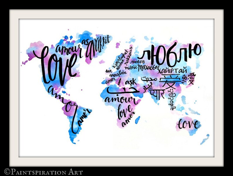 May include: A watercolor painting of the world with the word "love" written in different languages, including English, French, Spanish, German, Russian, Arabic, Hindi, Japanese, and Chinese. The painting is in shades of blue and purple.