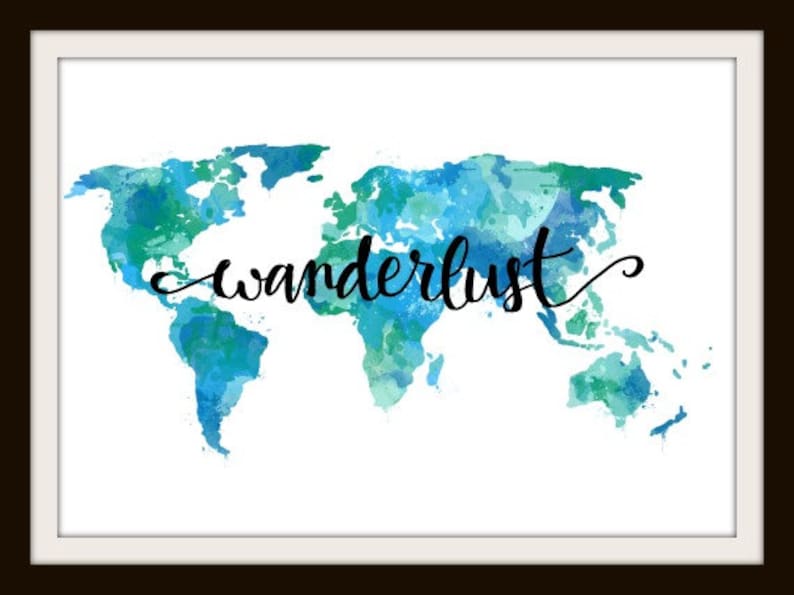 Wanderlust Print Teal Wall Art Travel Decor World Map Wall Etsy