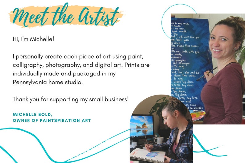 Pode incluir: Michelle Bold, propriet&aacute;ria da Paintspiration Art, &eacute; uma artista da Pensilv&acirc;nia que cria arte original usando pintura, caligrafia, fotografia e arte digital. As impress&otilde;es s&atilde;o feitas e embaladas individualmente em seu est&uacute;dio em casa.