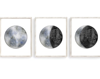 Moon Phase Print Set - Moon Art Watercolor Moon Phases - Moon Nursery Art Minimalist Print Set of 3 Prints - Bedroom Wall Art Over the Bed