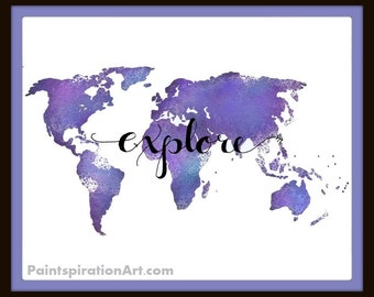 Map of the World Travel Art Print - Gift for Travelers World Map Poster - Quote Art Print Purple Wall Art Wanderlust Print - Calligraphy