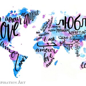 May include: A watercolor painting of the world with the word "love" written in different languages, including English, French, Spanish, German, Russian, Arabic, Hindi, Chinese, and Japanese. The painting is in shades of blue and purple.