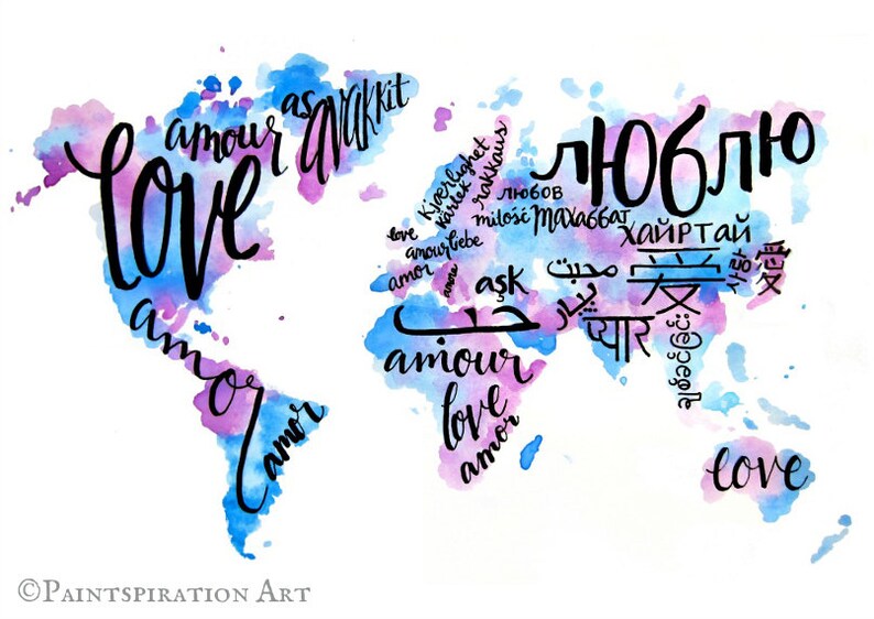 May include: A watercolor painting of the world with the word "love" written in different languages, including English, French, Spanish, German, Russian, Arabic, Hindi, Chinese, and Japanese. The painting is in shades of blue and purple.