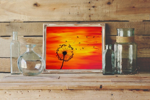 Dandelion Print Sunset Painting - Red Orange Yellow Dandelion Painting - Dandelion Art Print Silouhette Art - Acrylic Painting Print