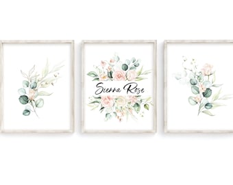 Baby Girl Gift Personalized Baby Name Wall Art Set of 3 Prints Custom Nursery Name Print - Floral Nursery Prints Botanical Wall Art