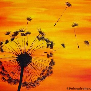 Dandelion Print Sunset Painting - Red Orange Yellow Dandelion Painting - Dandelion Art Print Silouhette Art - Acrylic Painting Print image 4