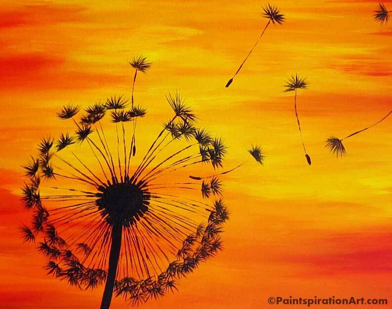 Dandelion Print Sunset Painting - Red Orange Yellow Dandelion Painting - Dandelion Art Print Silouhette Art - Acrylic Painting Print image 4