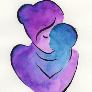 Peut inclure: Peinture &agrave; l'aquarelle d'une figure violette tenant une figure bleue. Les figures sont abstraites et semblent &ecirc;tre une m&egrave;re et son enfant.