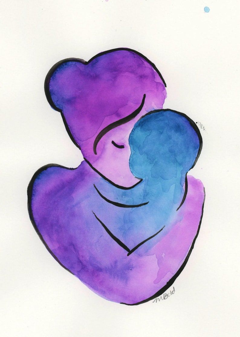 Peut inclure: Peinture &agrave; l'aquarelle d'une figure violette tenant une figure bleue. Les figures sont abstraites et semblent &ecirc;tre une m&egrave;re et son enfant.
