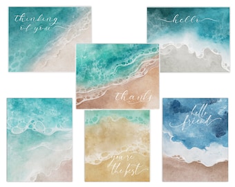 Cartes de vœux de l’océan Cartes d’aquarelle Cartes vierges Jeu de 6 - Ensemble de cartes de vœux de plage Toutes les occasions Cartes de notes côtières Juste parce que les cartes