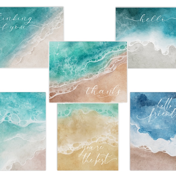 Ocean Greeting Cards Watercolor Cards Blank Cards Set of 6 - Beach Greeting Card Set All Occasions Coastal Notecards Just Because Cards