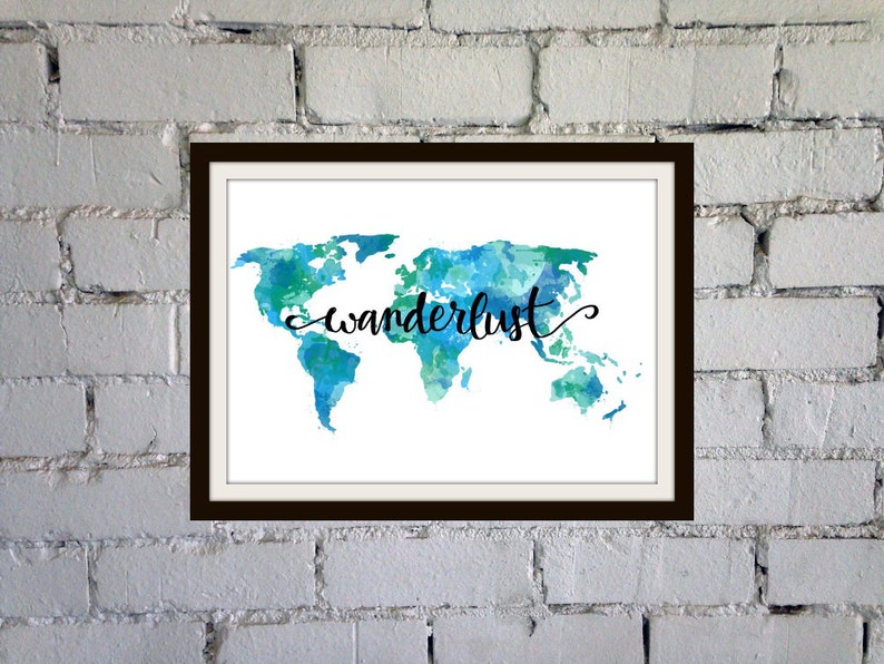 Wanderlust Print Teal Wall Art Travel Decor World Map Wall | Etsy