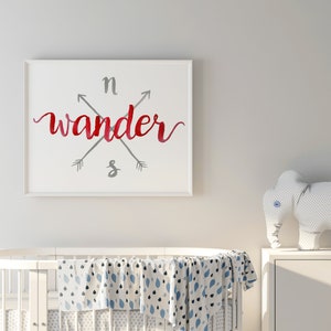 Pode incluir: Impress&atilde;o emoldurada branca com um design de aquarela vermelha que diz "wander" com setas cinzas apontando para norte, sul, leste e oeste.