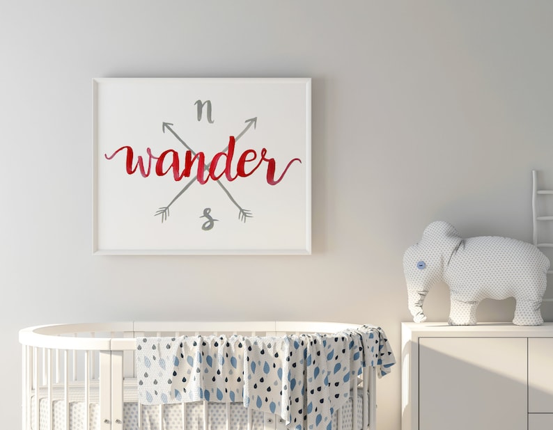Pode incluir: Impress&atilde;o emoldurada branca com um design de aquarela vermelha que diz "wander" com setas cinzas apontando para norte, sul, leste e oeste.