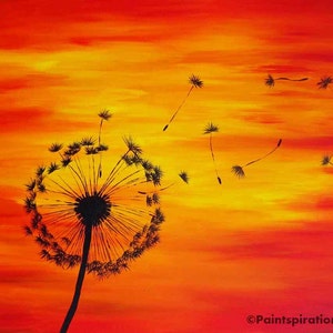 Dandelion Print Sunset Painting - Red Orange Yellow Dandelion Painting - Dandelion Art Print Silouhette Art - Acrylic Painting Print image 3