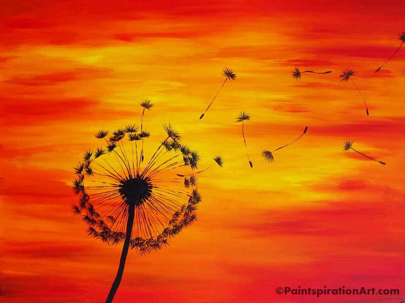 Dandelion Print Sunset Painting - Red Orange Yellow Dandelion Painting - Dandelion Art Print Silouhette Art - Acrylic Painting Print image 3