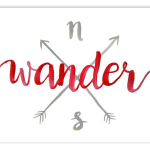 Pode incluir: Uma pintura em aquarela da palavra "wander" em escrita vermelha com duas flechas cinzas cruzando-se. As flechas apontam para o norte e para o sul com as letras "n" e "s" acima e abaixo das flechas.